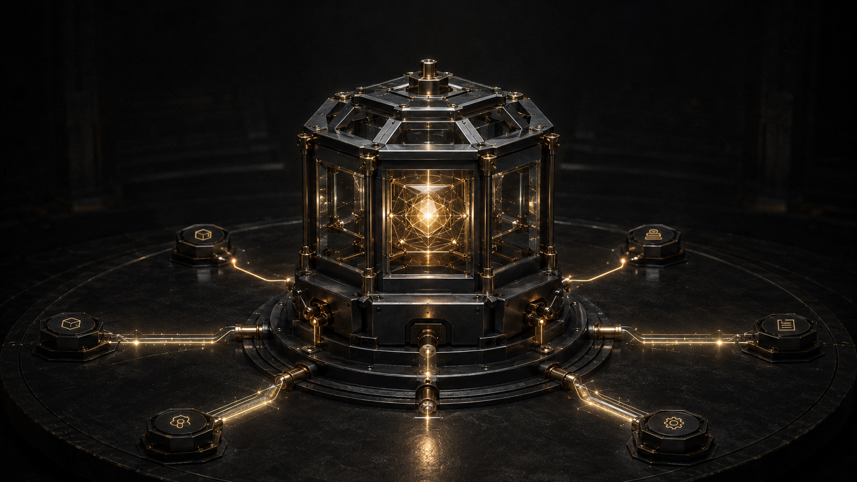 A complete engineered system with a stable illuminated core operating through multiple external connections.